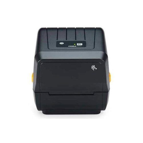 Impresora de recibos compacta de escritorio negra con botones laterales amarillos, vista frontal.
