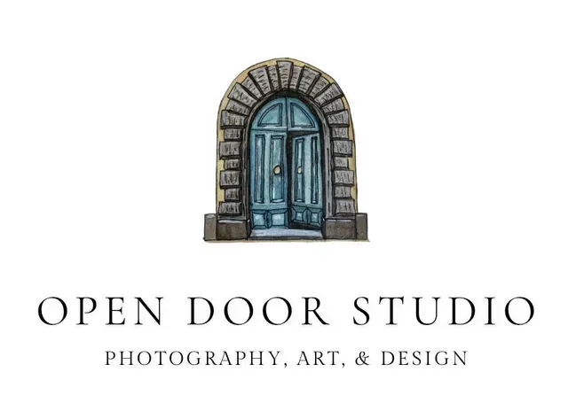 Logo for Open Door Studio: a watercolor illustration of a blue arched door above the business name and service list.