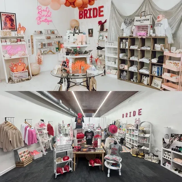 Two interior views of a retail boutique featuring bridal-themed clothing, accessories, and decor items.