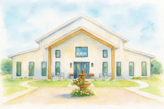 A watercolor illustration of a modern white barn-style building with a fountain and flower bed in front.
