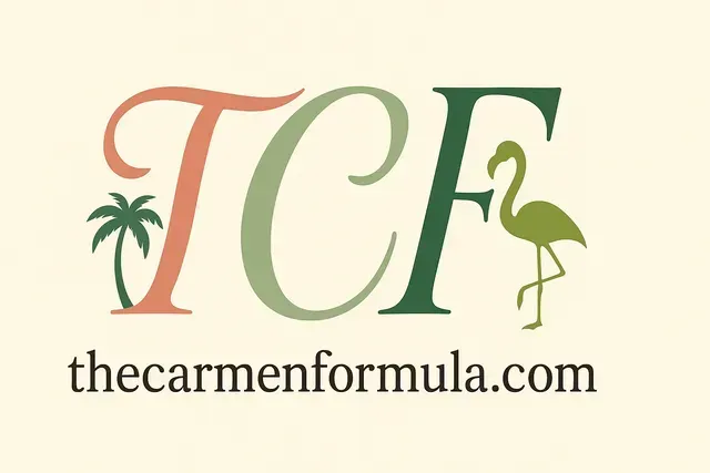 Logo for thecarmenformula.com with stylized letters TCF, featuring a palm tree next to the T and a flamingo by the F.