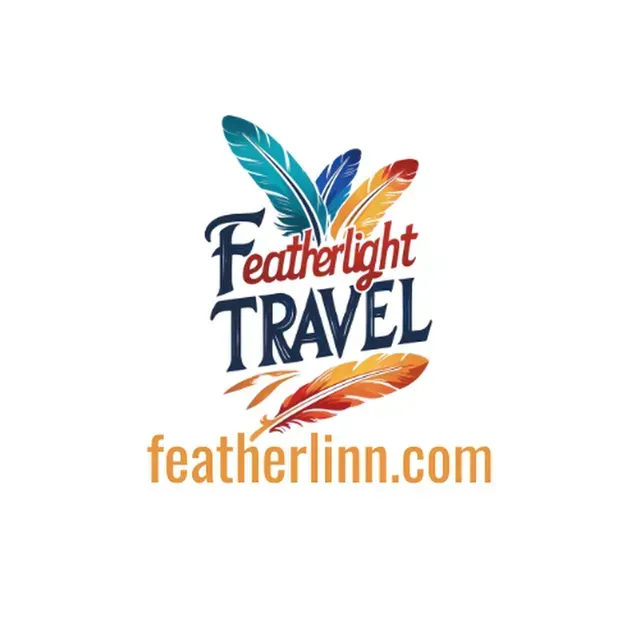 Logo for Featherlight Travel featuring colorful stylized feathers and the website featherlinn.com below the text.
