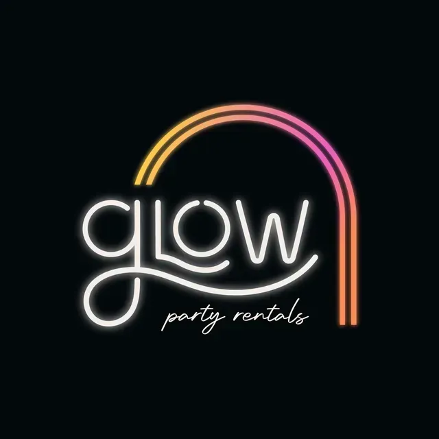 Logo for Glow Party Rentals, featuring the white neon-style word 
