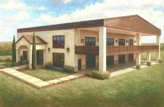 A two-story tan building with a wide porch, balcony, and a walkway leading to a front entrance on a grassy lawn.