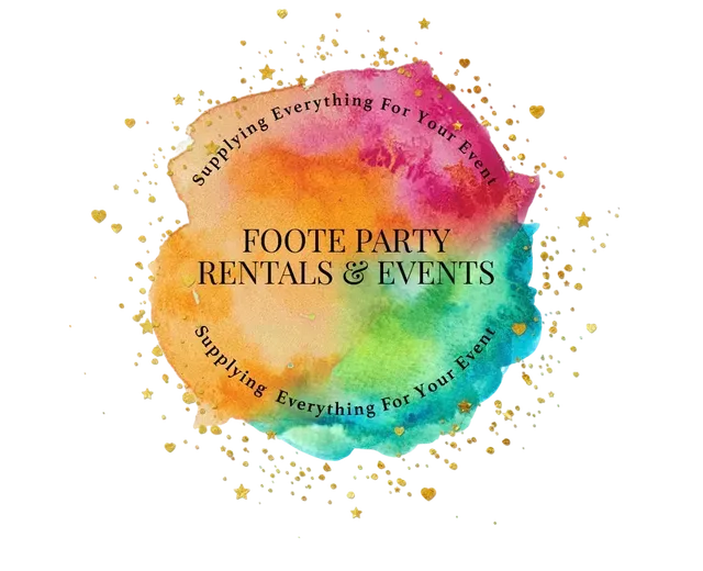 Logo for Foote Party Rentals & Events with centered text over a colorful, circular watercolor splash and gold confetti.