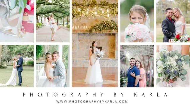 A photo collage of wedding photography by Karla, featuring portraits, couples, bridal details, and floral arrangements.