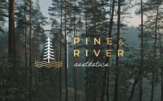 Logo for Pine & River Aesthetics, featuring a stylized pine tree and wavy river icon over a forest background.
