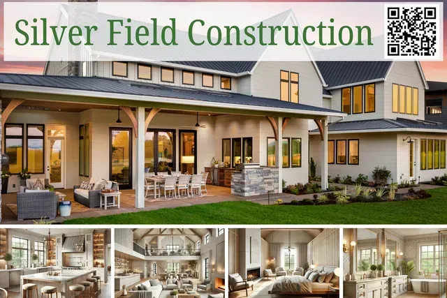 A collage showcasing a luxurious modern home exterior and interior, branded Silver Field Construction.