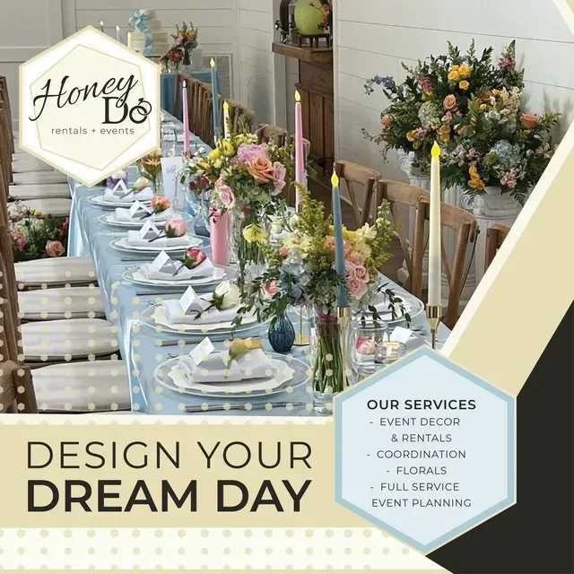 An elegant, light-blue decorated wedding table setting with floral centerpieces and candles, advertising event services.
