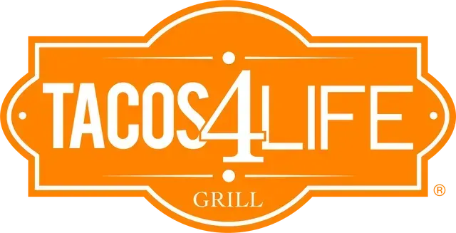 An orange and white logo for Tacos 4 Life Grill in a rectangular shape with rounded corners.