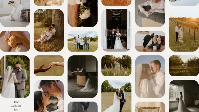 A collage of various romantic wedding photos featuring couples, bridal attire, and landscape portraits in soft, neutral tones.