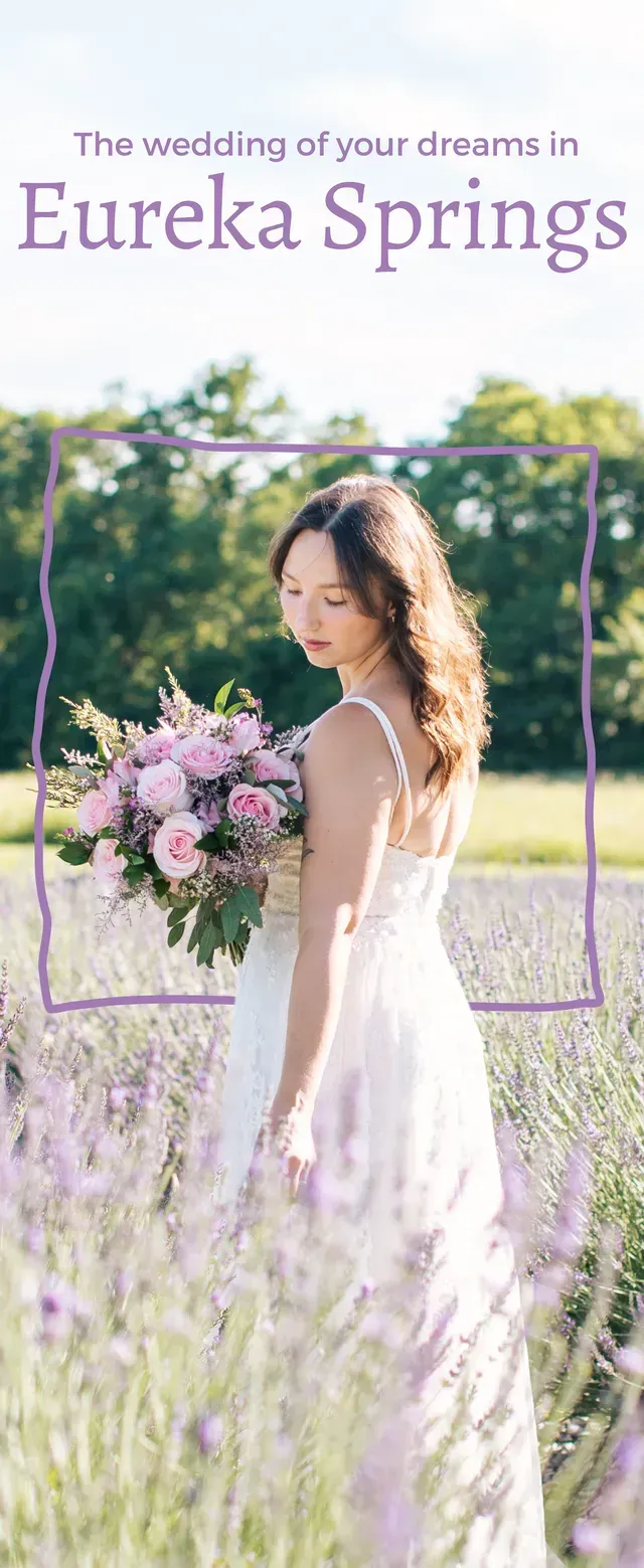 A bride holding a bouquet of pink flowers in a lavender field, with the text
