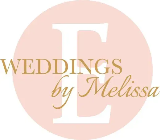 Logo for Weddings by Melissa featuring a large white letter E over a pale pink circle with gold text.