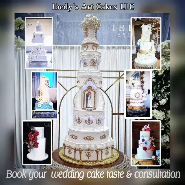 A collage of multi-tiered wedding cakes with decorative gold accents, centered around a tall, ornate cake.