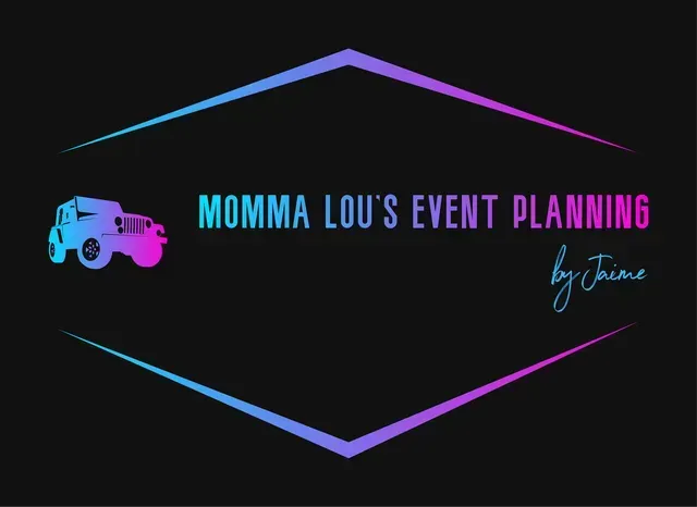 Logo for Momma Lou's Event Planning by Jaeme featuring a blue-to-pink gradient Jeep icon inside a geometric frame.