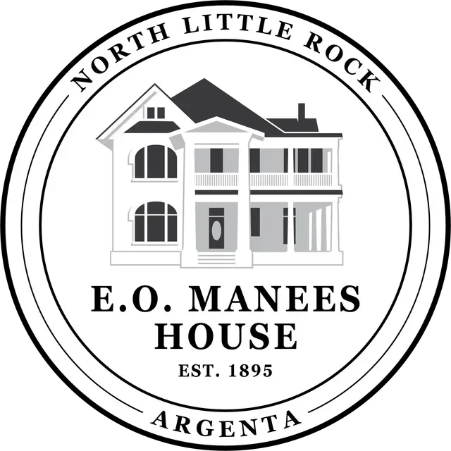 Logo for the E.O. Manees House in North Little Rock, Argenta, featuring an illustration of a historic house, est. 1895.