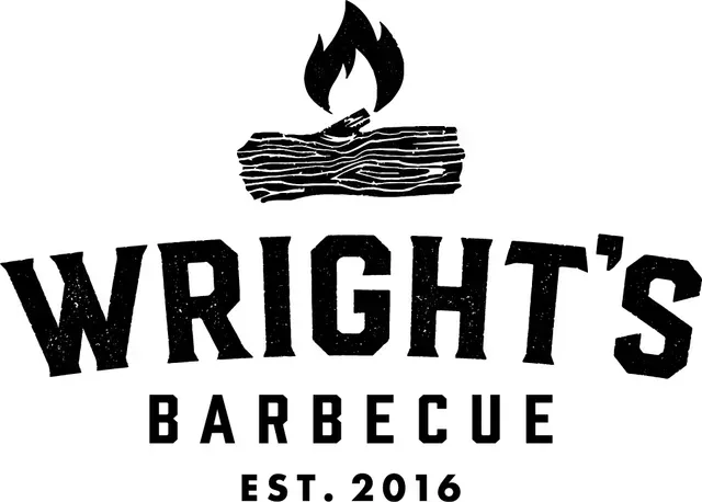 Logo for Wright's Barbecue, featuring a burning log icon above the text 