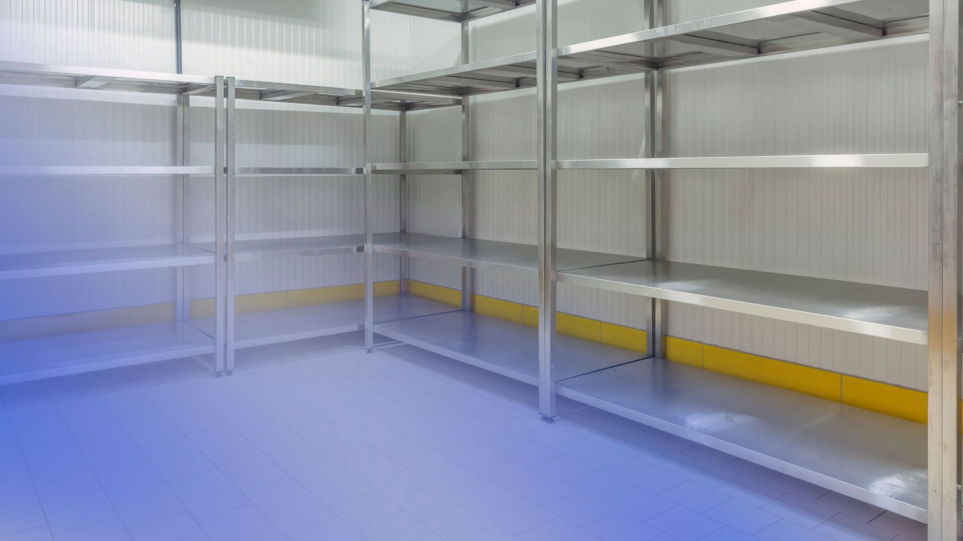 A room with stainless steel shelves and a blue floor.