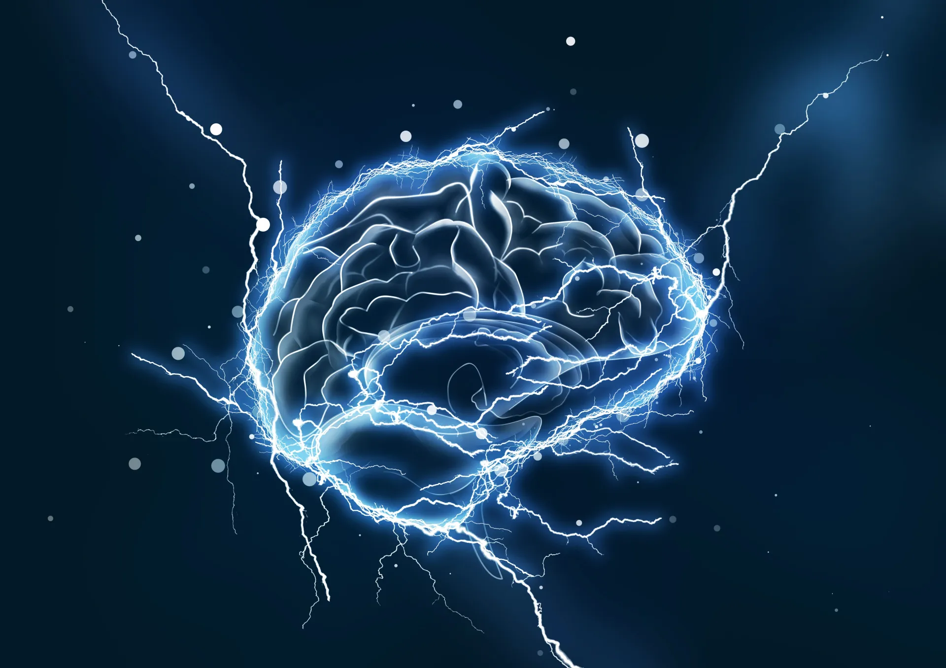 Glowing blue electric brain illustration on a dark background