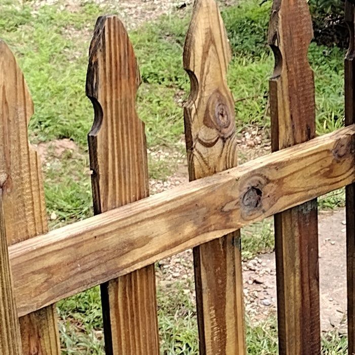 Wooden picket fence with natural wood grain, in front of grass.