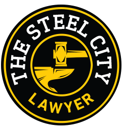 The steel city lawyer logo is a yellow and black circle with a hammer in the center.