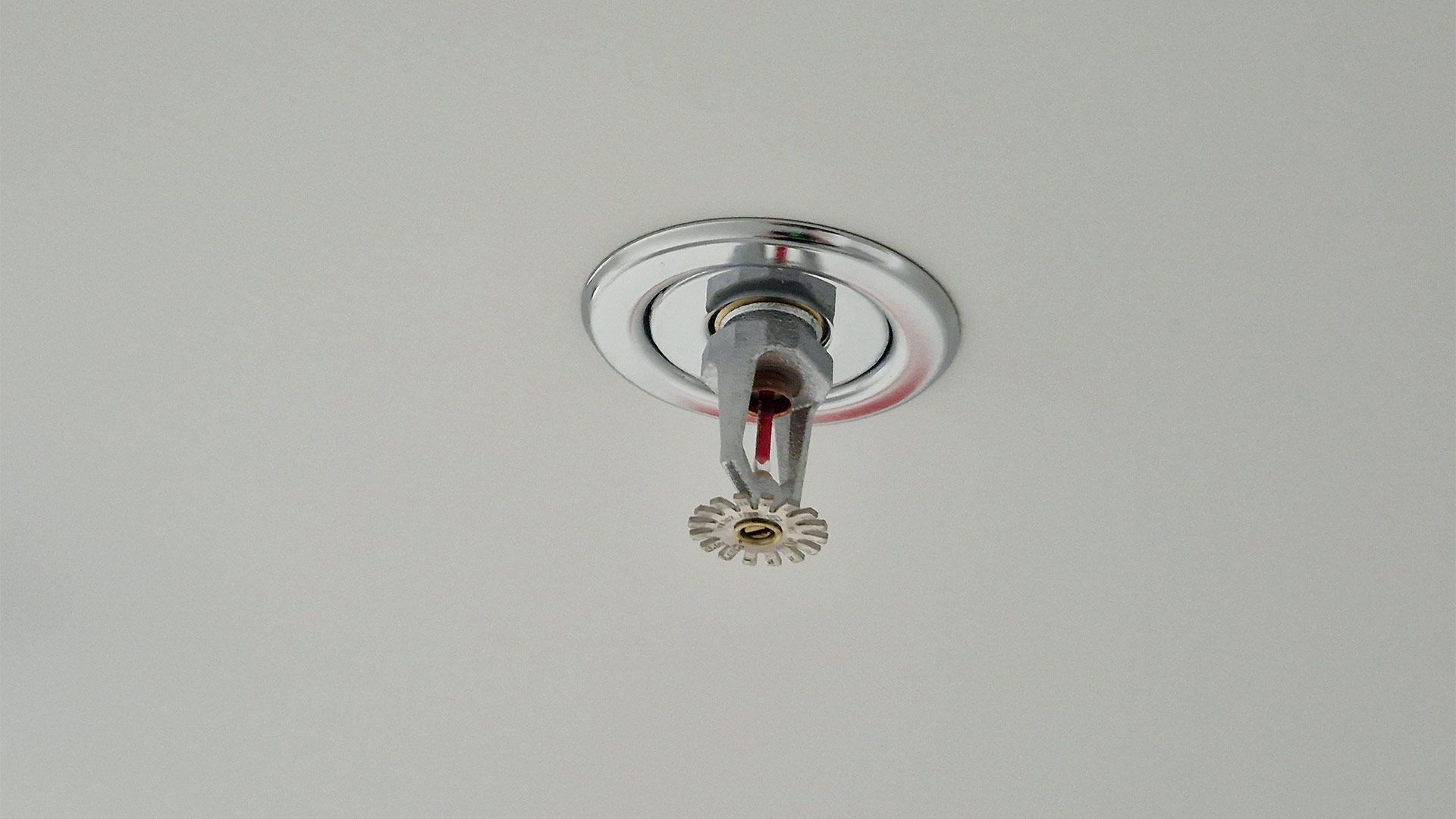 A fire sprinkler is hanging from the ceiling of a building.