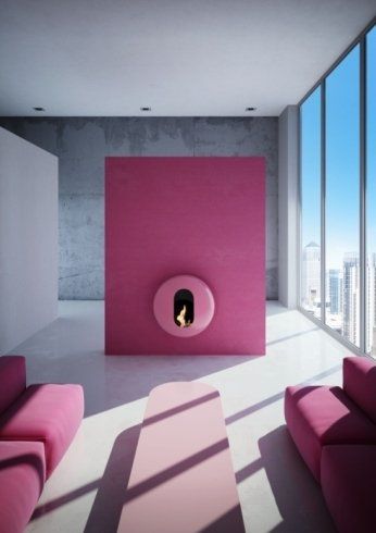 caminetto installato in una parete fucsia