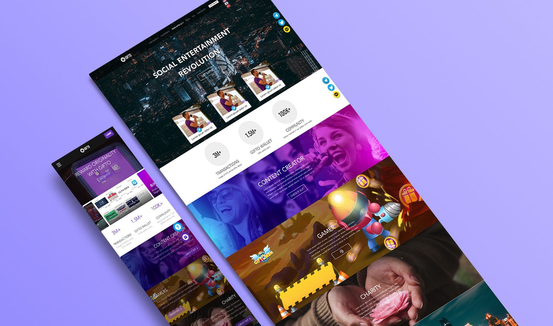 手機和平板電腦上紫色背景的網站螢幕截圖。