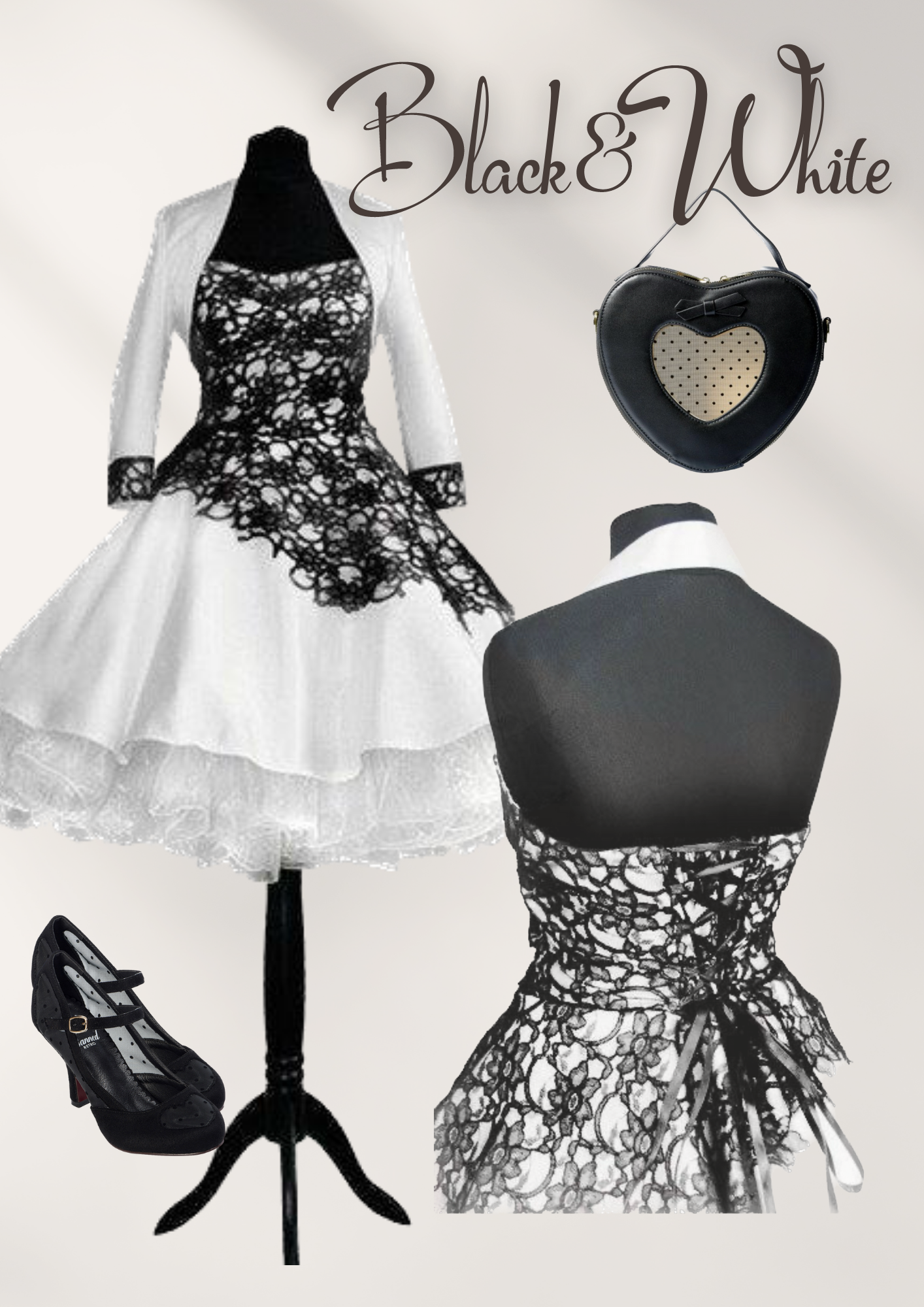 Ein schwarz-weißes Kleid hängt an einer Schaufensterpuppe
