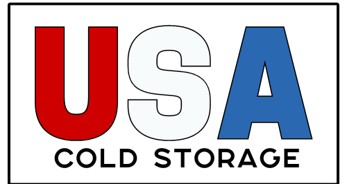 The logo for usa cold storage is red , white and blue.