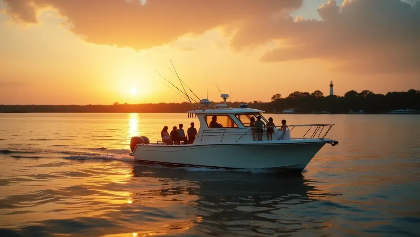Best Sunset Cruises in Southport and Oak Island NC Charter boat cruising at sunset near Southport NC with passengers enjoying views of the Intracoastal Waterway and Oak Island lighthouse in the distance.