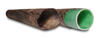 A cut-away view of a pipe showing the deteriorated outer layer and the green, intact interior. — FlowWise in Maroochydore, QLD