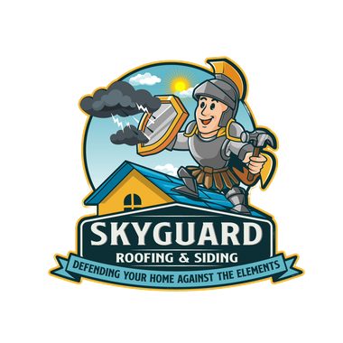 A logo for skyguard roofing and siding defending your home against the elements