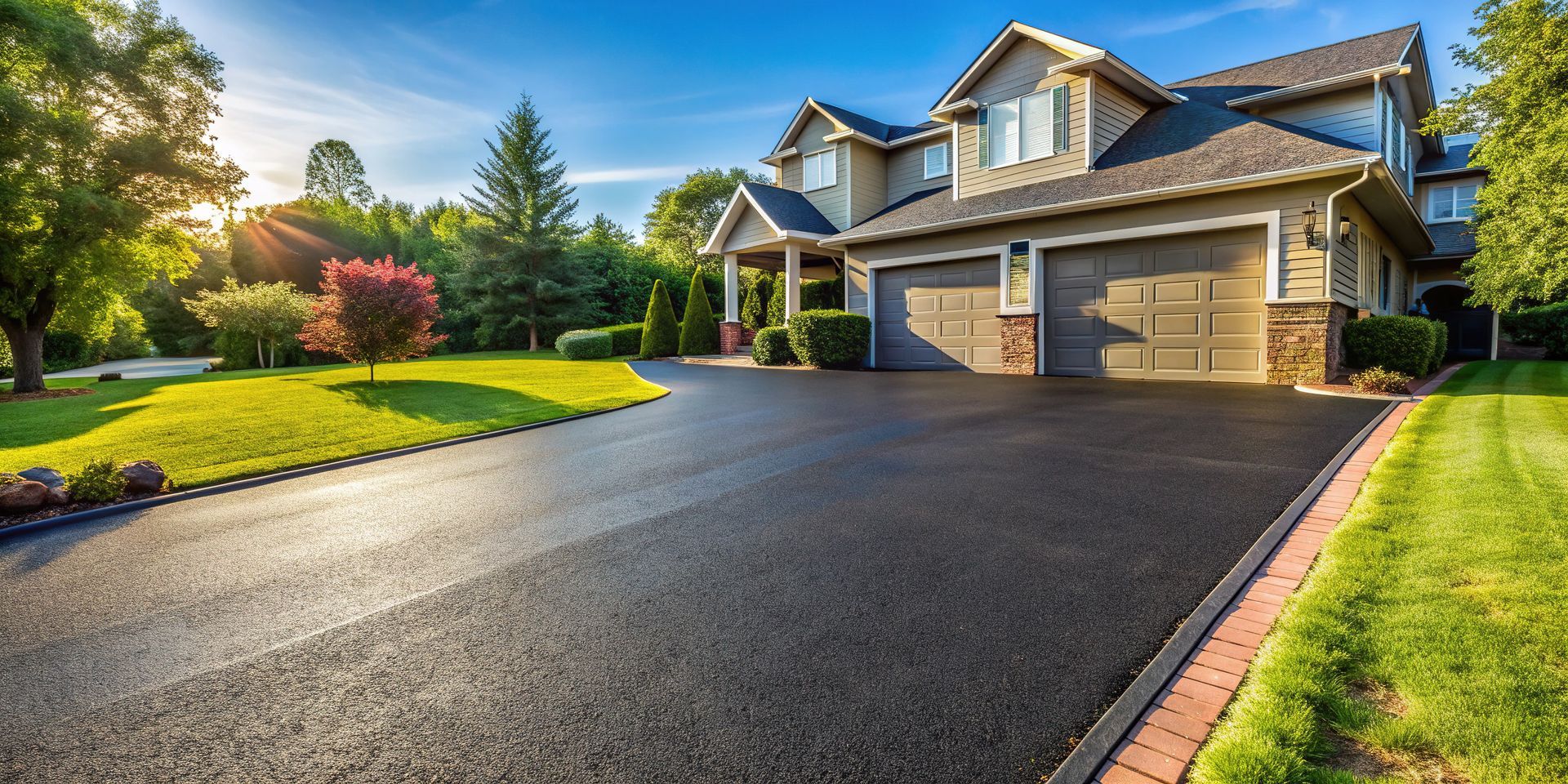 A luxurious two-story home with a long driveway on a sunny day.