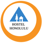 A blue and white logo for hostel honolulu