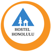 A blue and white logo for hostel honolulu