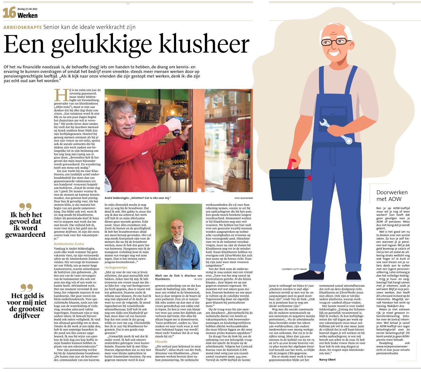 Een krantenartikel over een man die een gereedschapskist vasthoudt