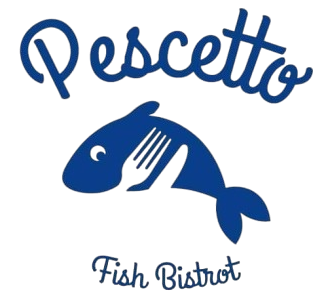Un logo per il pescetto fish bistrot mostra un pesce con una forchetta in bocca