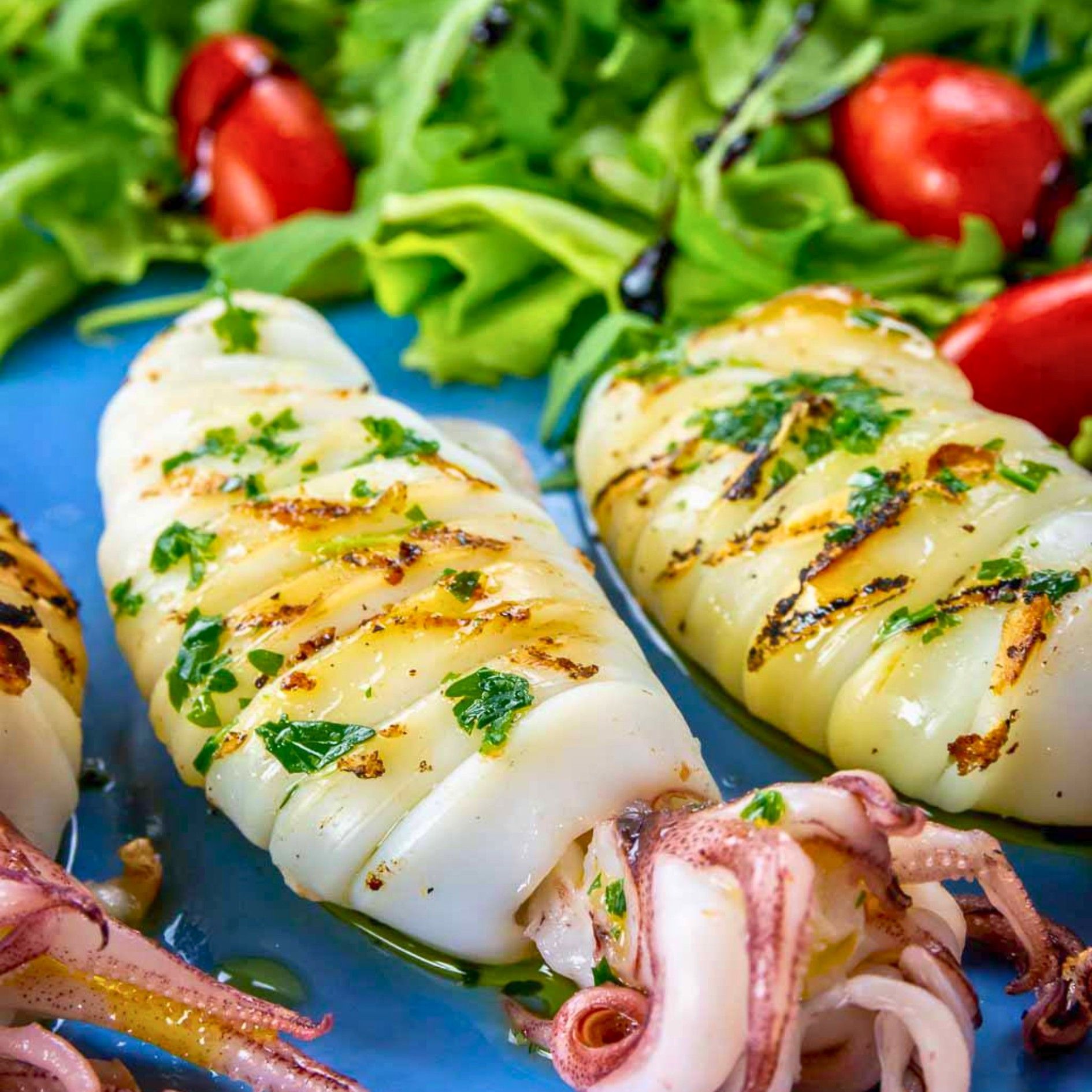 Calamari alla griglia con pomodori e lattuga su un piatto blu.