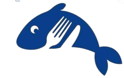 Un pesce azzurro con una forchetta che spunta dalla bocca.