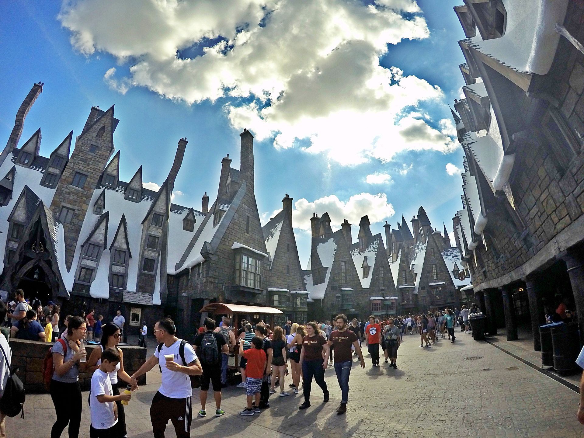 A group of people are walking down a street in front of a castle.