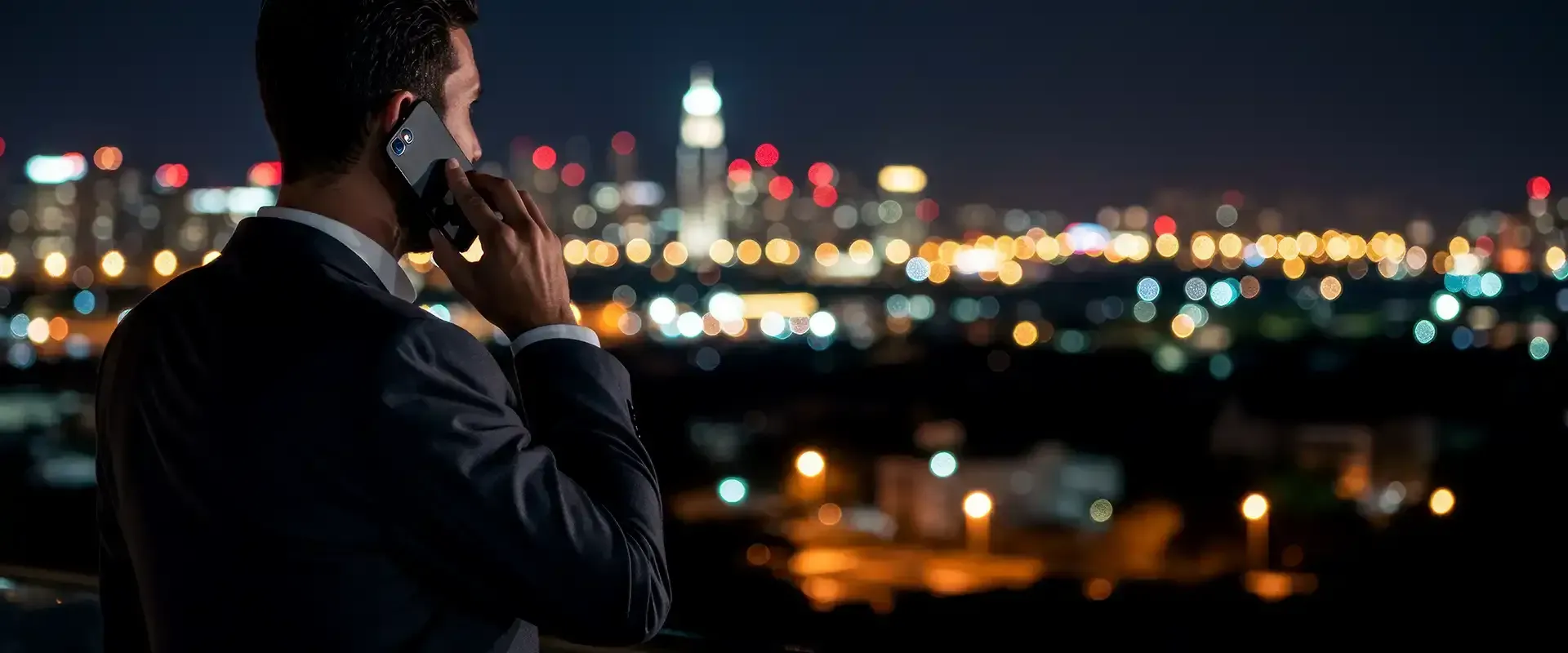 A man in a suit is talking on a cell phone while looking out over a city at night.