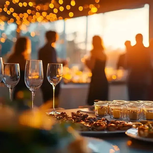 A table topped with plates of food and wine glasses.