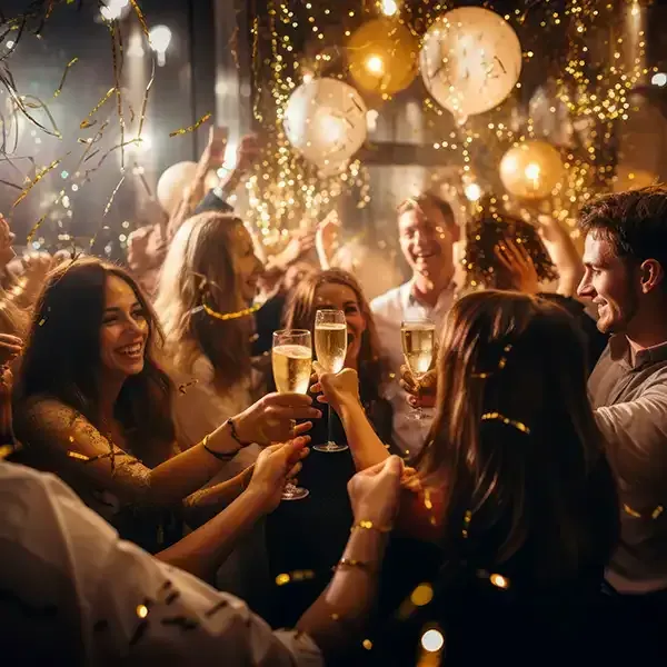 A group of people are toasting with champagne glasses at a party.