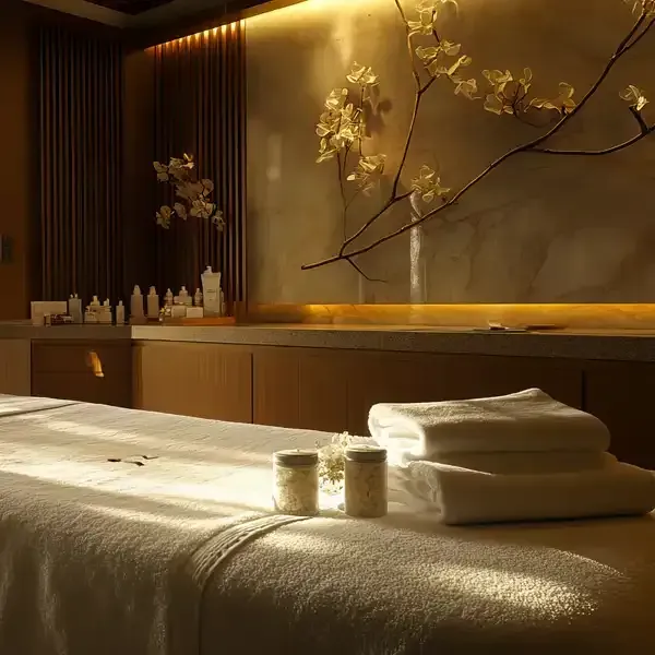A massage table in a spa with towels and candles on it.