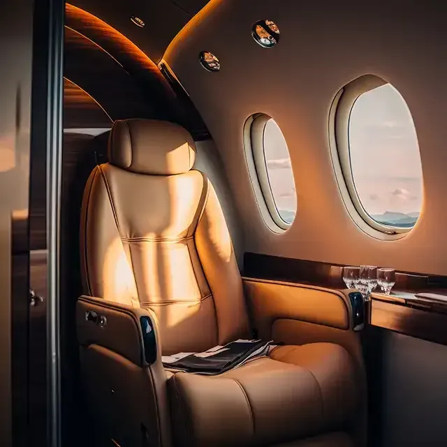 The inside of a private jet with a seat and windows