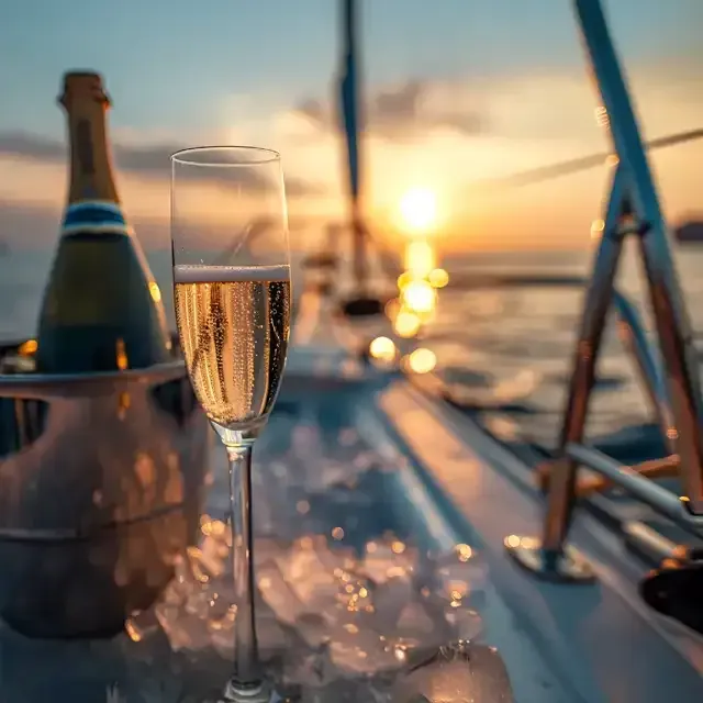 There is a bottle of champagne and a glass of champagne on the boat.