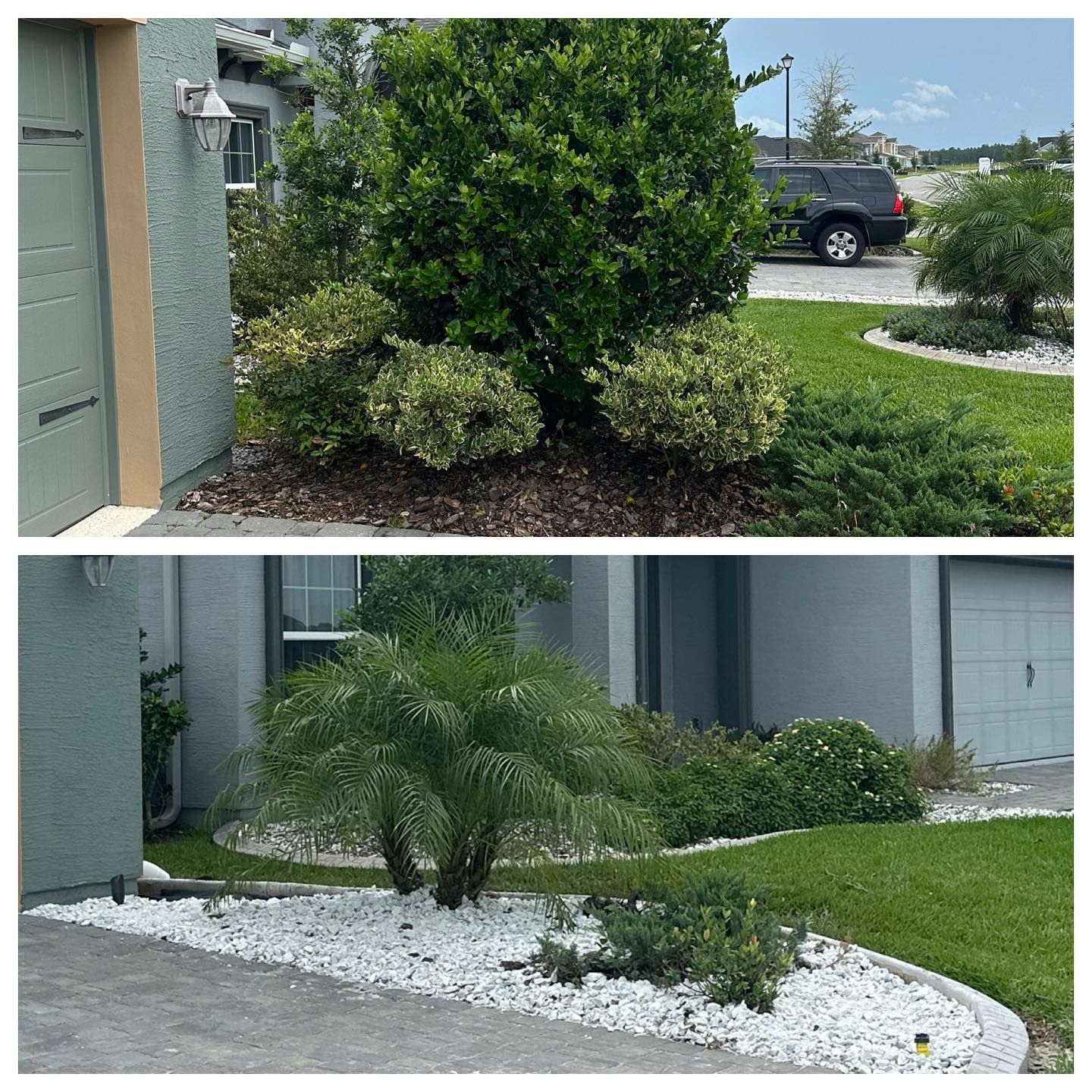 A before and after picture of a garden in front of a house.