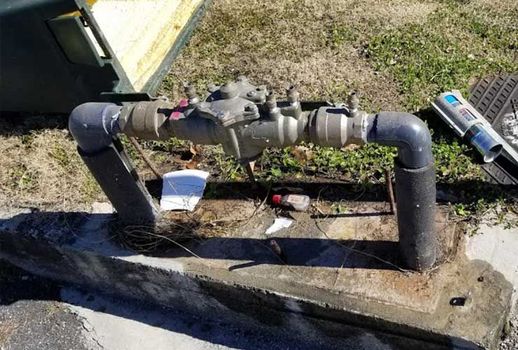 A water meter is sitting on the ground next to a pipe.