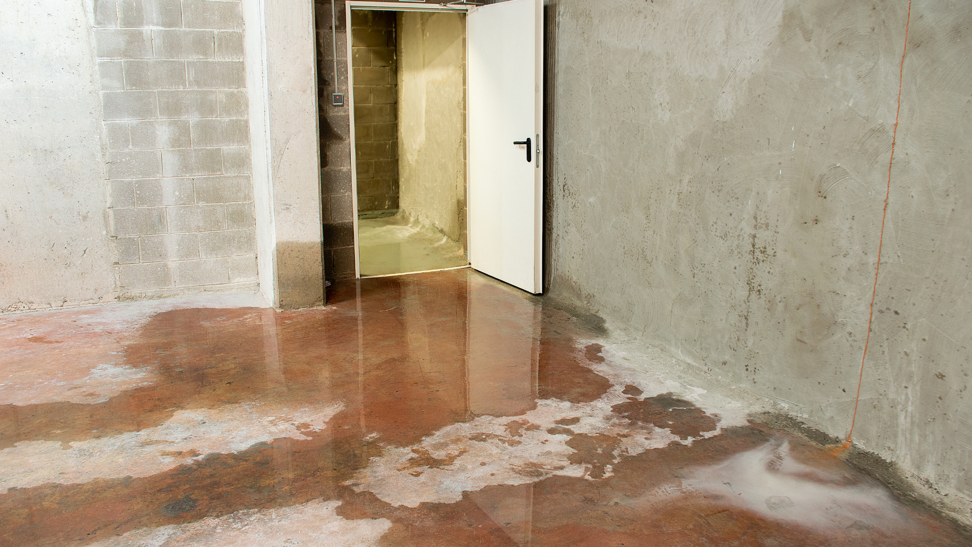 A flooded basement with a door open and a dirty floor.